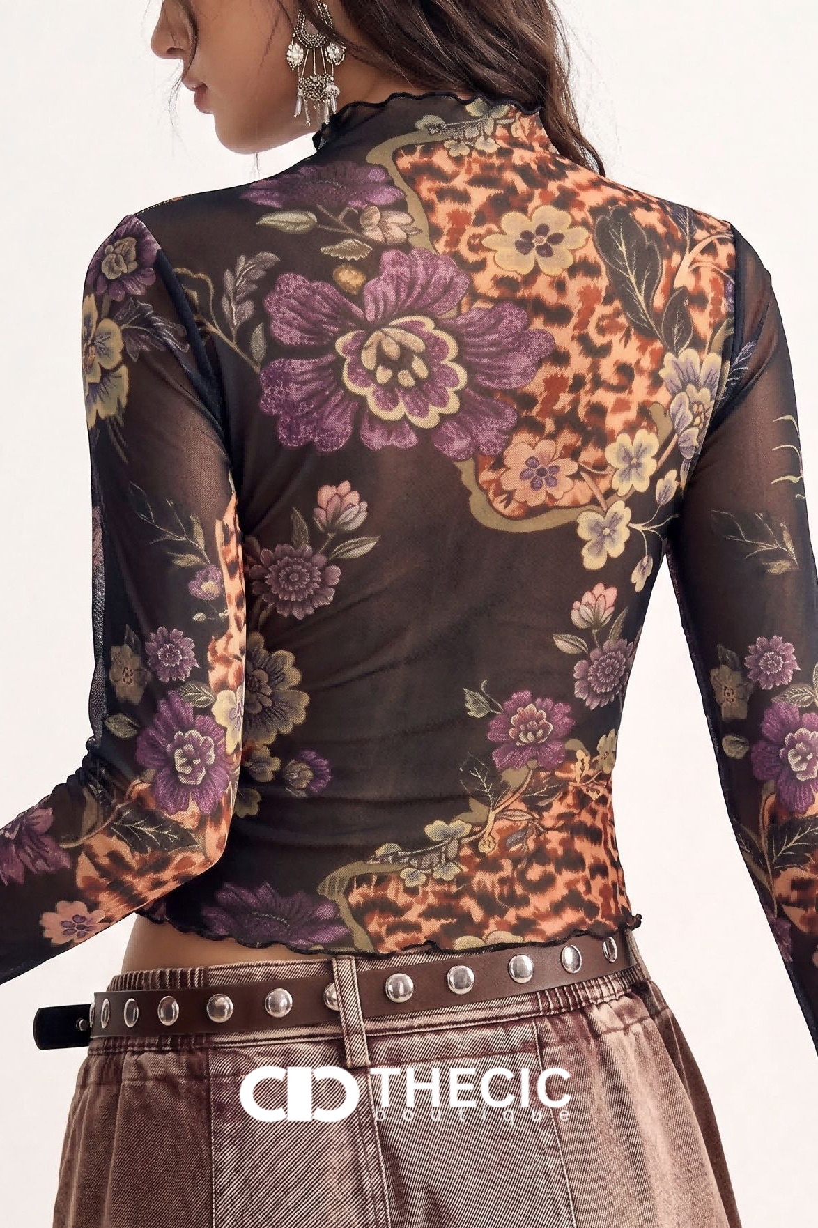 Sheer Floral Leopard Print Mock Neck Top