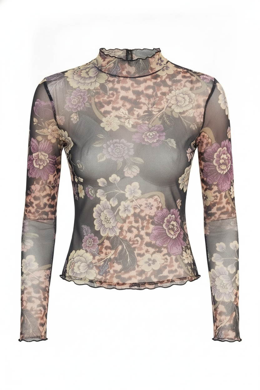 Sheer Floral Leopard Print Mock Neck Top