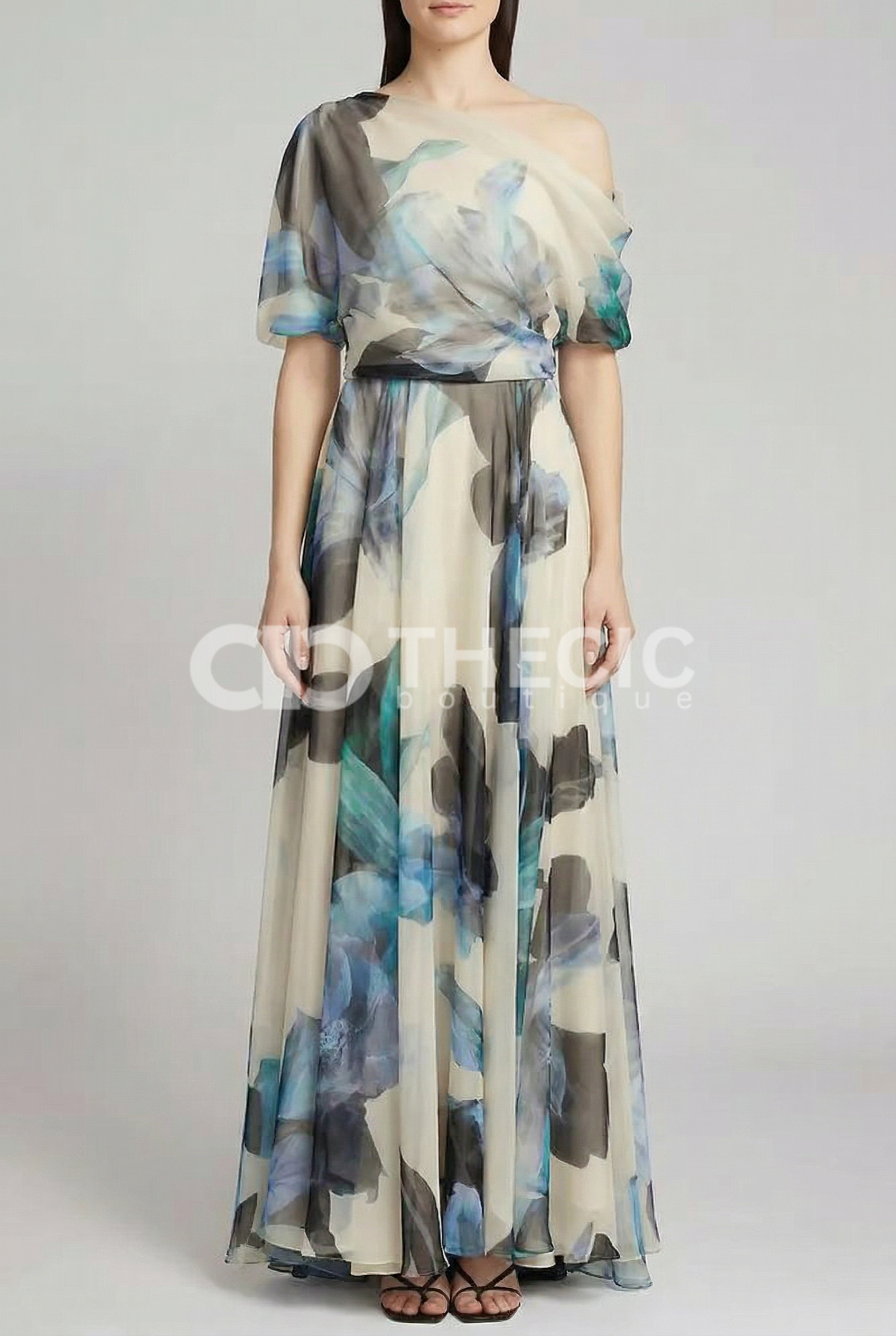 Sheer Floral Off-Shoulder Cinched Maxi Dress