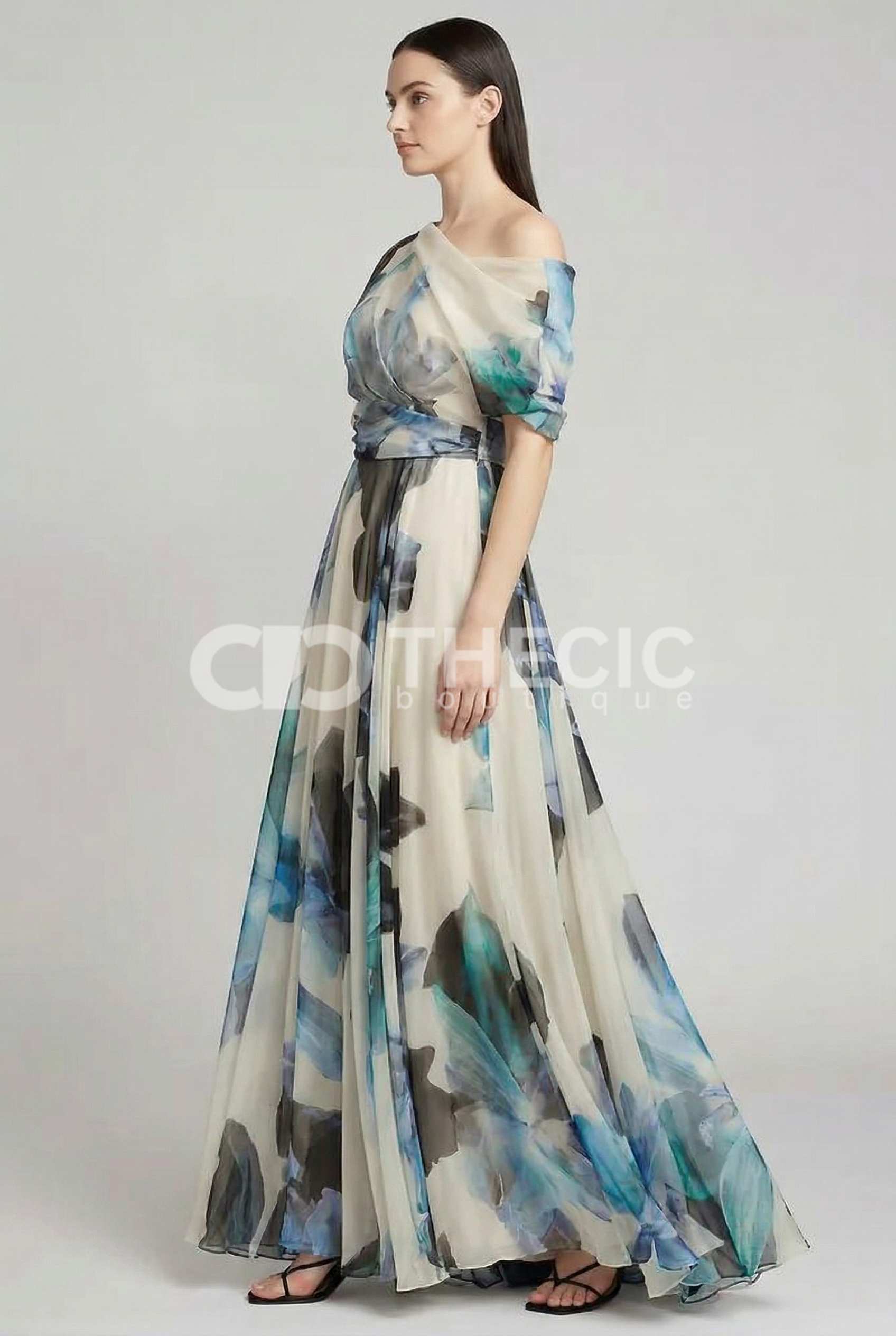 Sheer Floral Off-Shoulder Cinched Maxi Dress