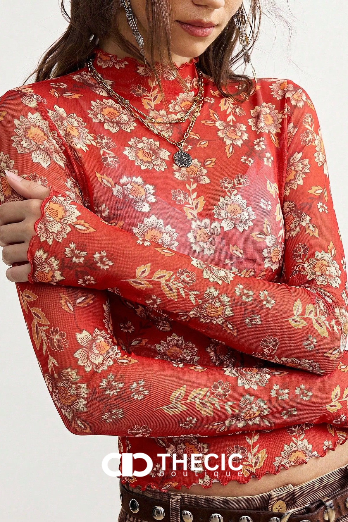 Sheer Floral Print Lettuce Trim Mock Neck Top