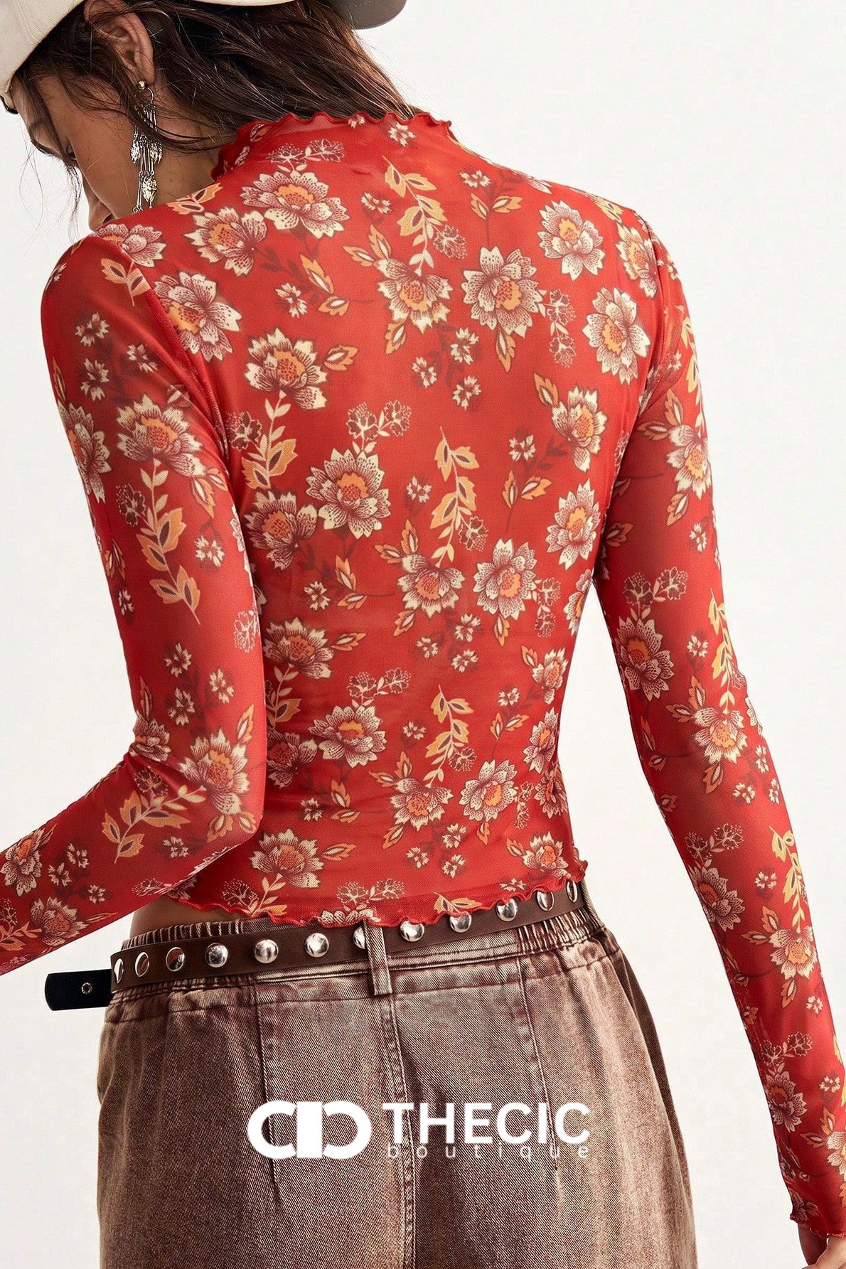 Sheer Floral Print Lettuce Trim Mock Neck Top