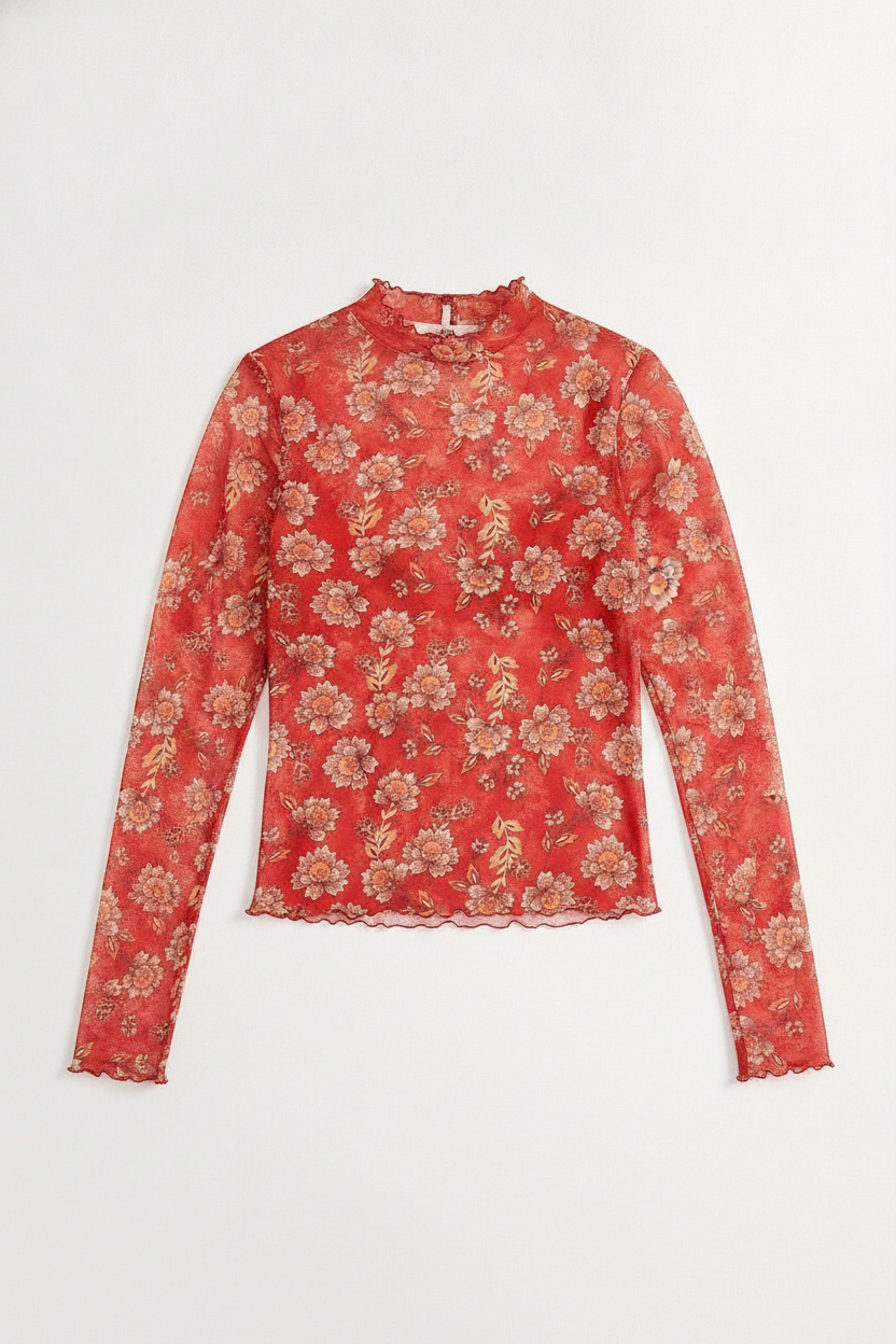 Sheer Floral Print Lettuce Trim Mock Neck Top
