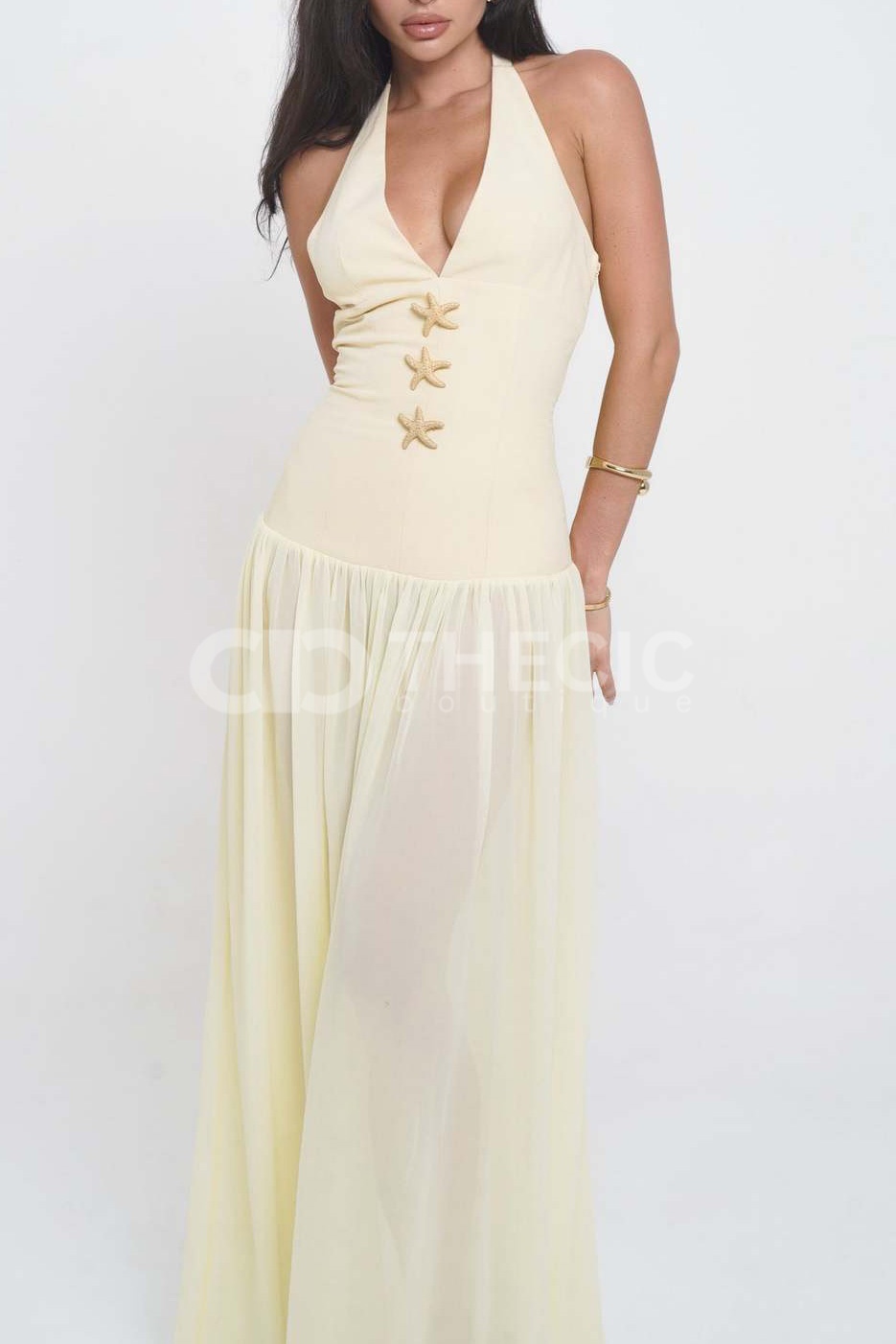 Sheer Halter-Neck Starfish Embellished Maxi Dress