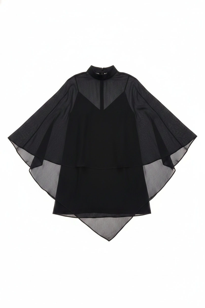 Sheer High-Neck Cape Sleeve Asymmetrical Mini Dress