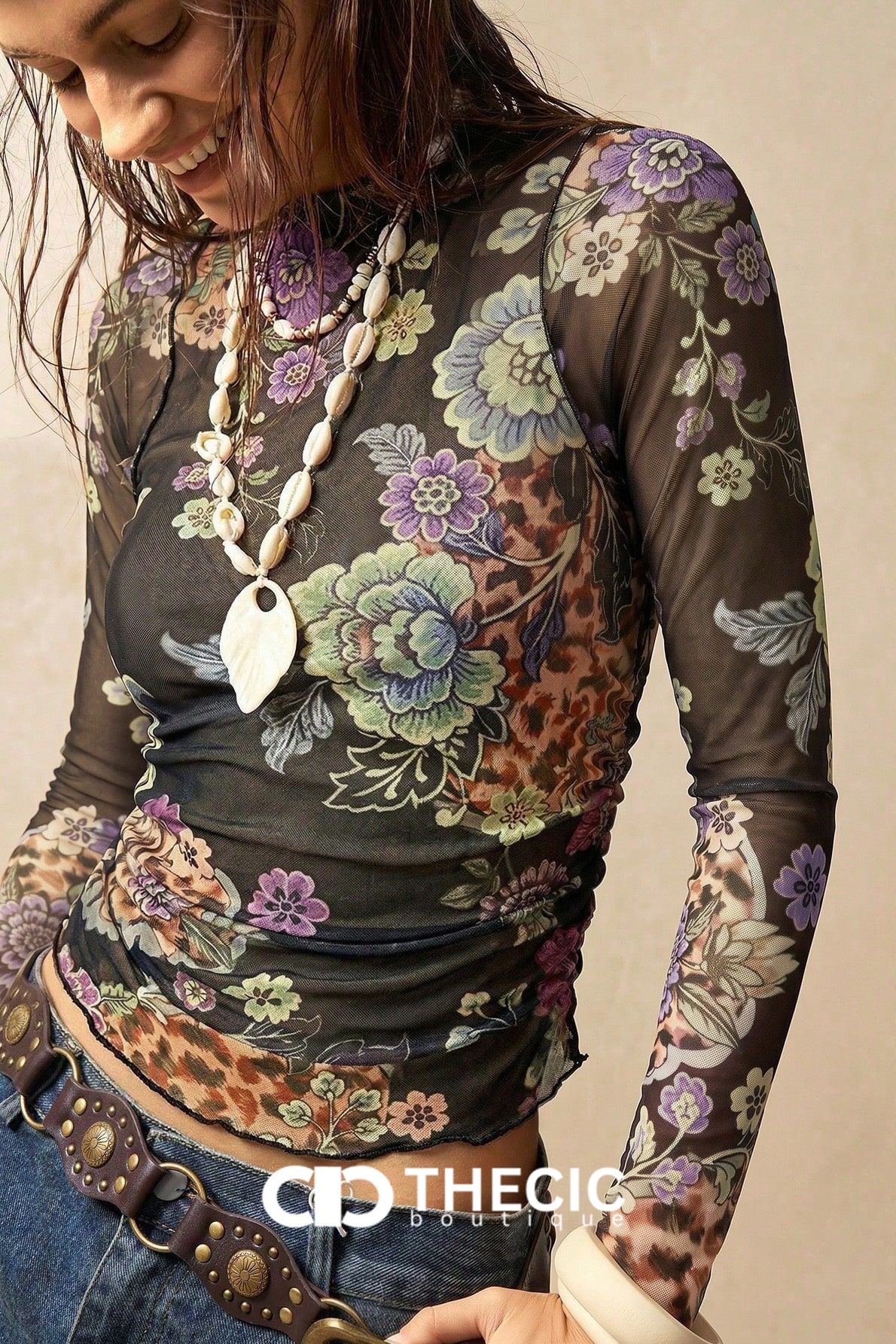 Sheer Mesh Floral Leopard Print Long Sleeve Top