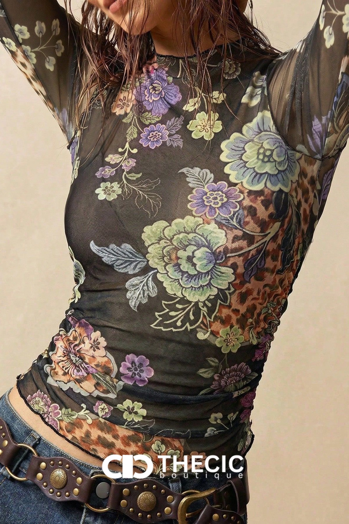 Sheer Mesh Floral Leopard Print Long Sleeve Top