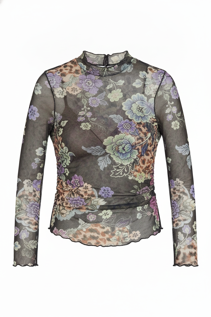 Sheer Mesh Floral Leopard Print Long Sleeve Top