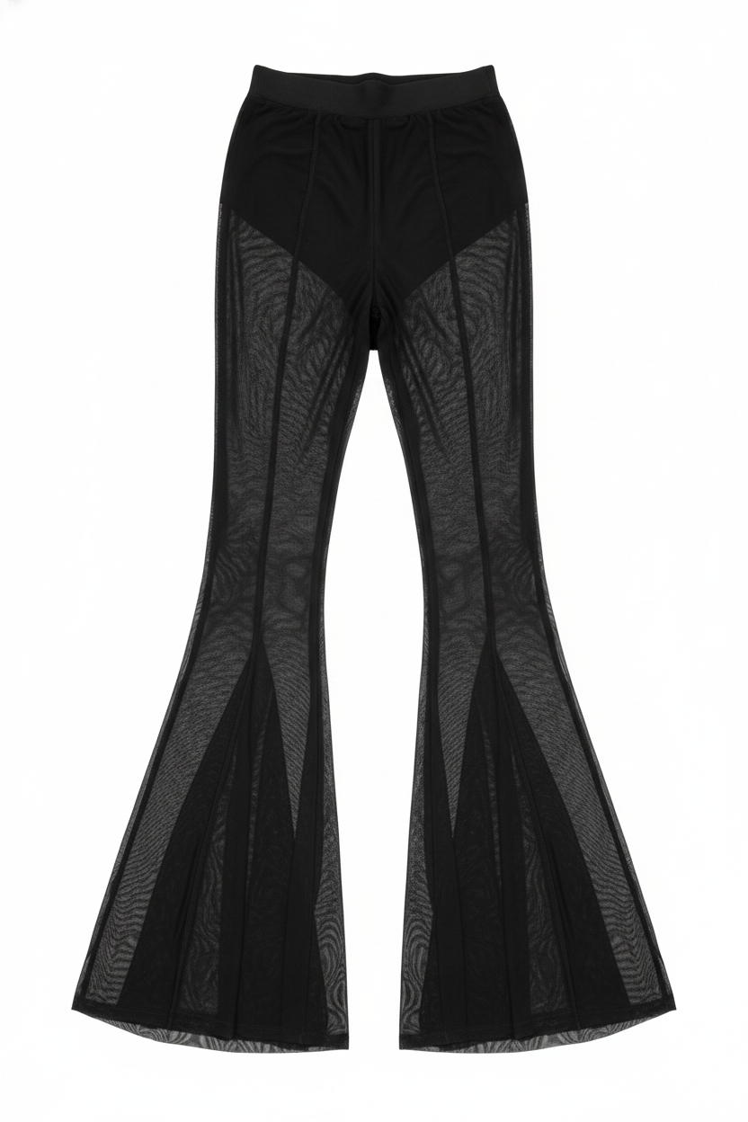 Sheer Mesh Seamed High Waist Flare Pants