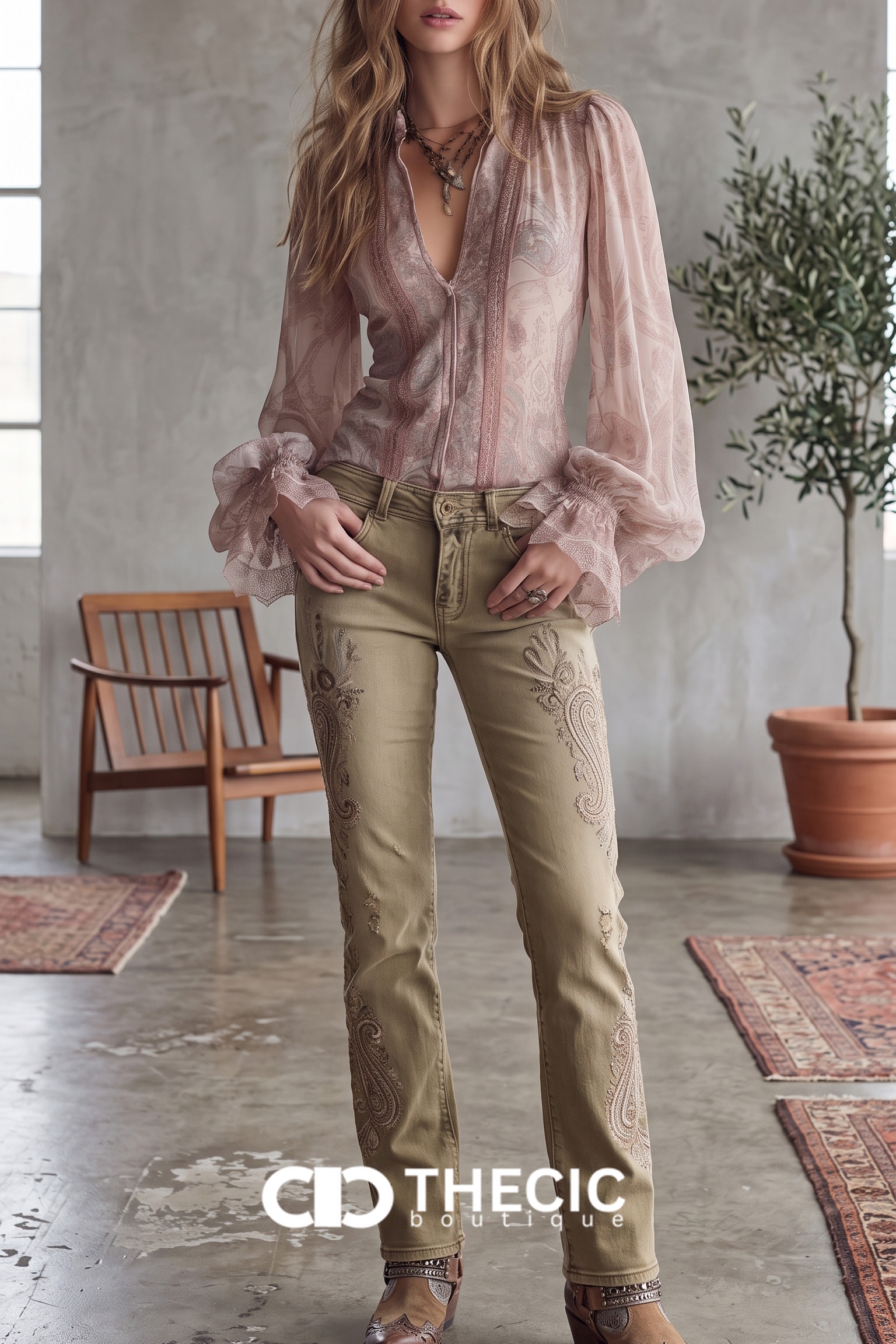 Sheer Paisley Print V-Neck Puff Sleeve Blouse