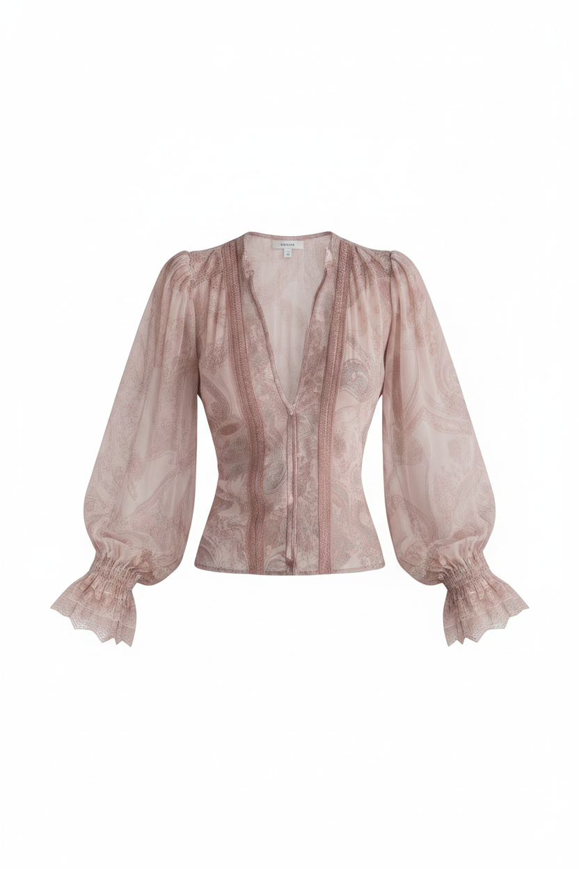 Sheer Paisley Print V-Neck Puff Sleeve Blouse