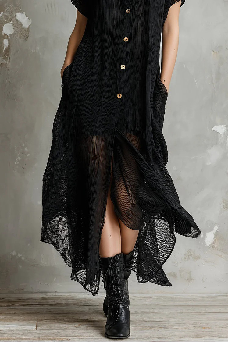 Sheer Pleated Button-Up Short Sleeve Midi Dress