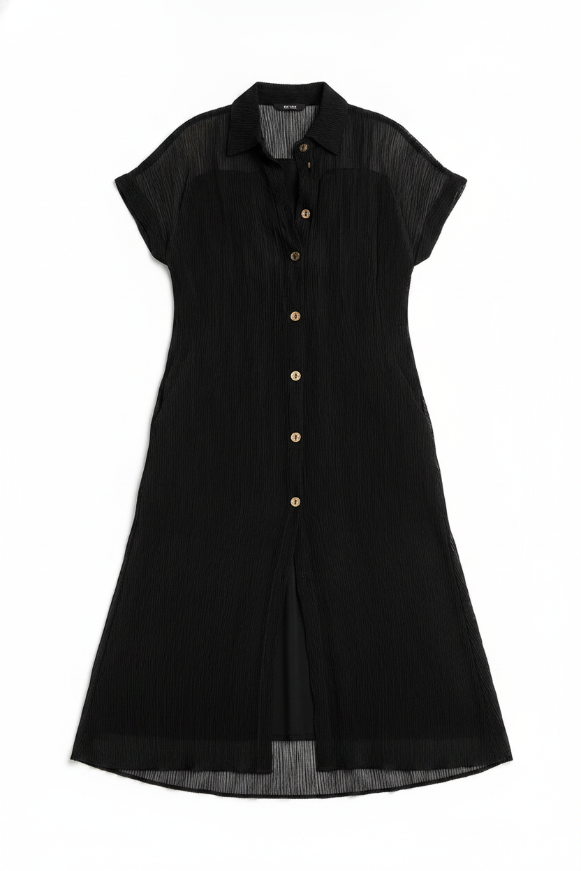 Sheer Pleated Button-Up Short Sleeve Midi Dress