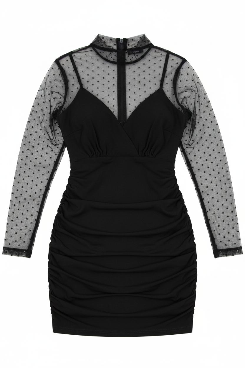 Sheer Polka Dot Ruched Mini Dress