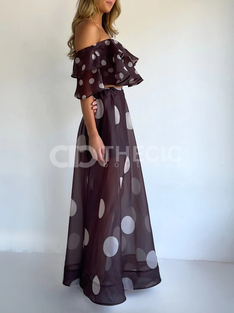 Sheer Polka Dot Ruffled Off-Shoulder Two-Piece Maxi Set