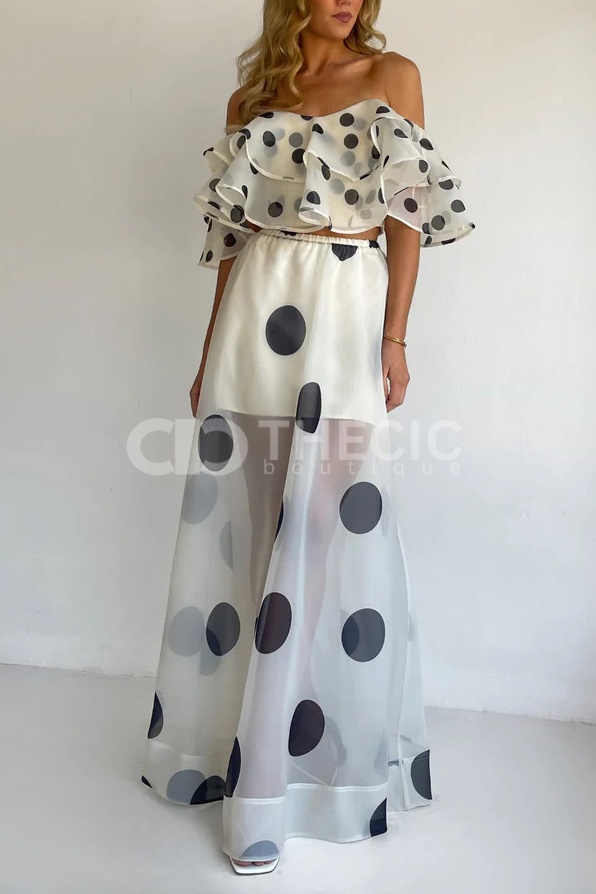 Sheer Polka Dot Ruffled Off-Shoulder Two-Piece Maxi Set