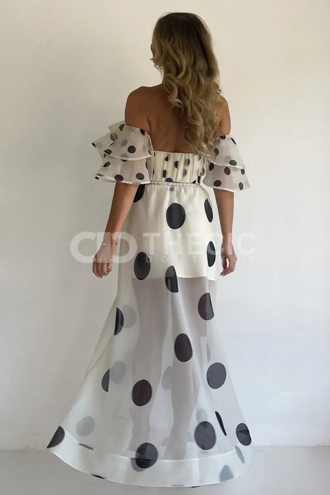 Sheer Polka Dot Ruffled Off-Shoulder Two-Piece Maxi Set