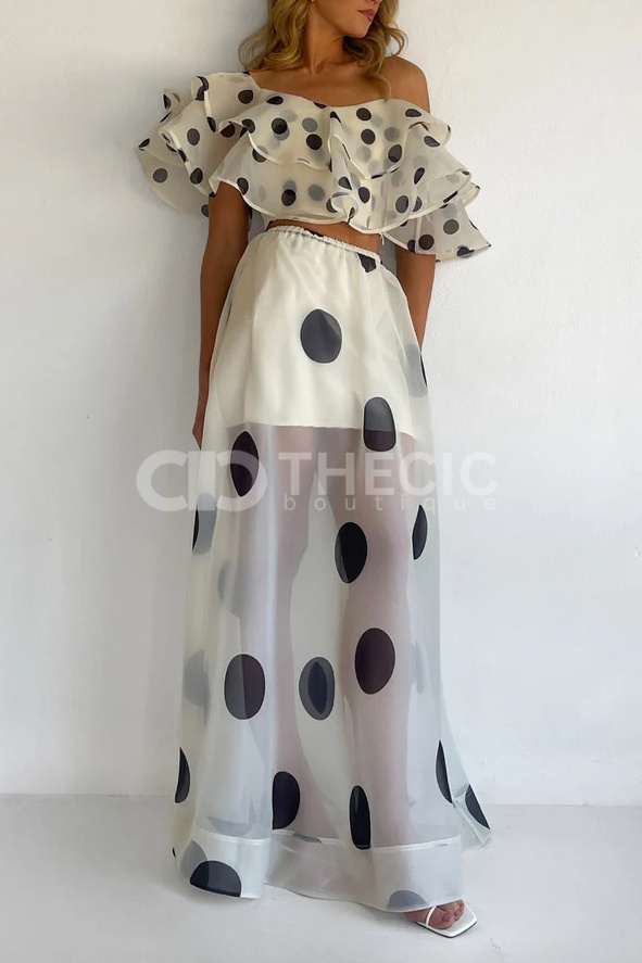 Sheer Polka Dot Ruffled Off-Shoulder Two-Piece Maxi Set