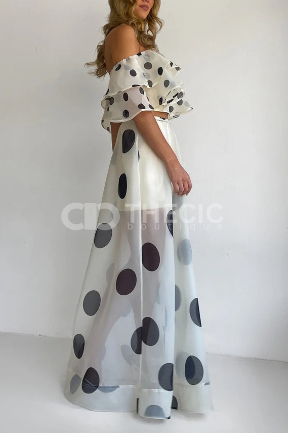 Sheer Polka Dot Ruffled Off-Shoulder Two-Piece Maxi Set