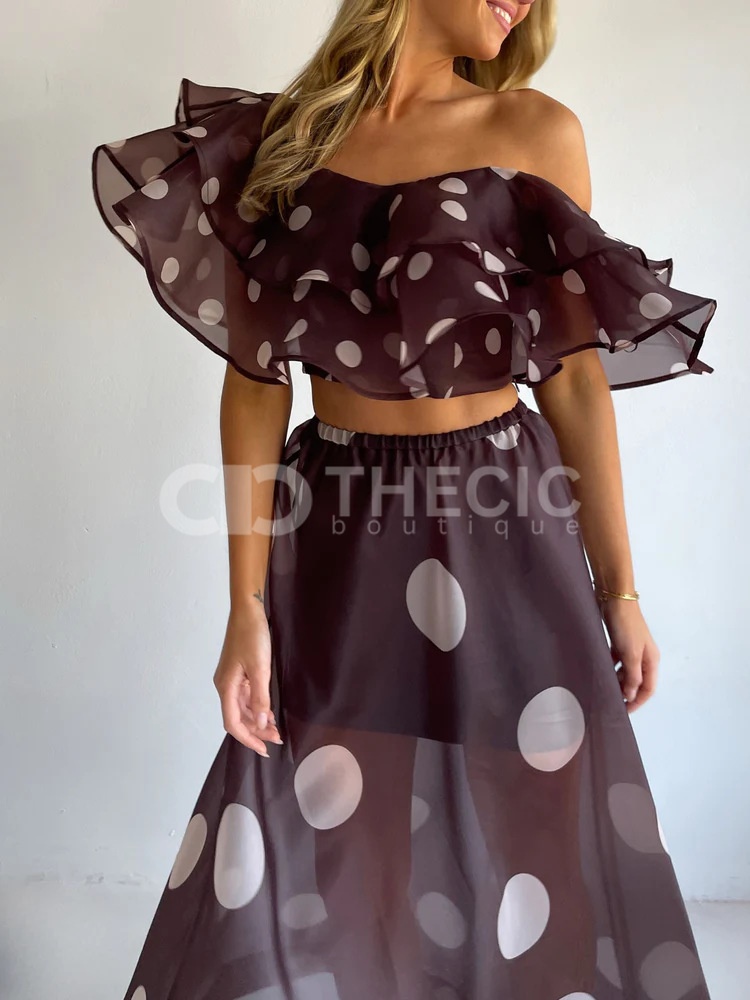 Sheer Polka Dot Ruffled Off-Shoulder Two-Piece Maxi Set
