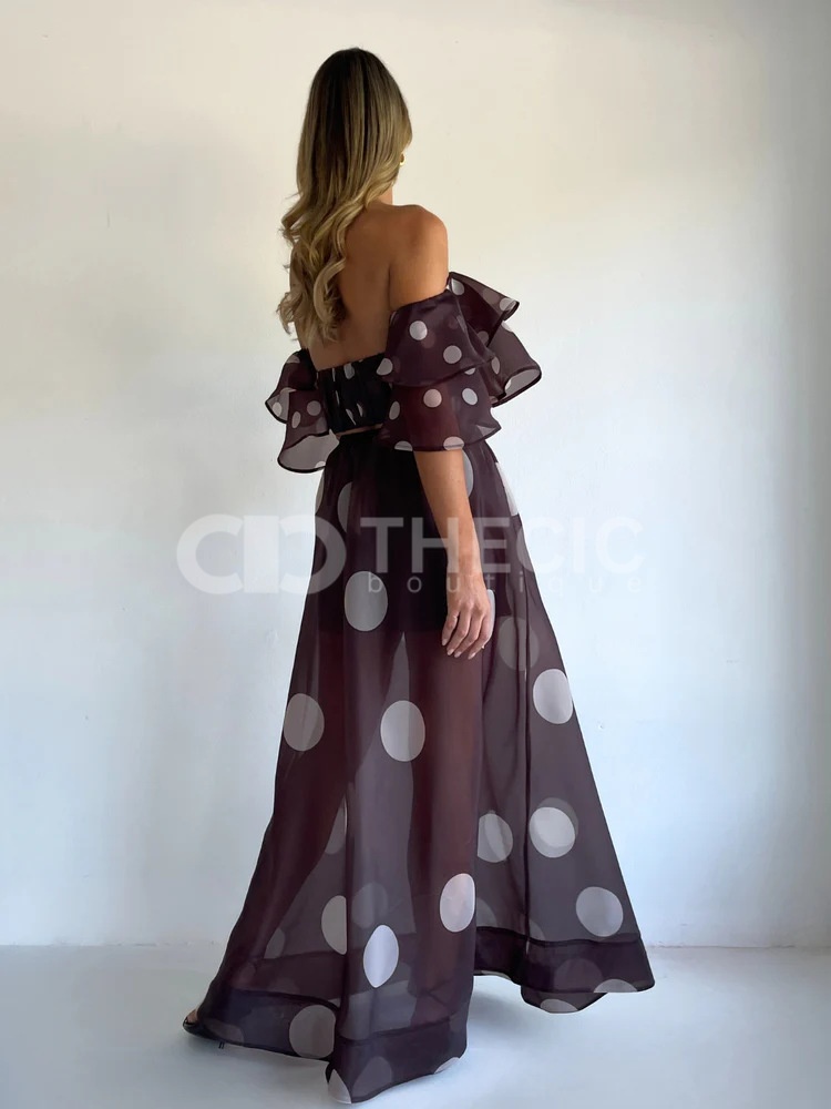 Sheer Polka Dot Ruffled Off-Shoulder Two-Piece Maxi Set