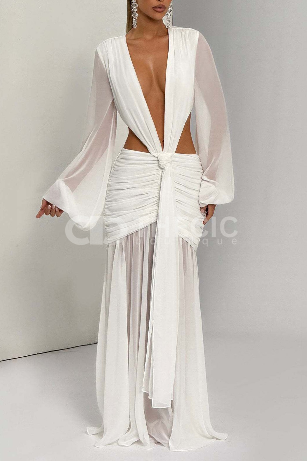 Sheer Sleeve Deep V-Neck Cutout Ruched Maxi Dress