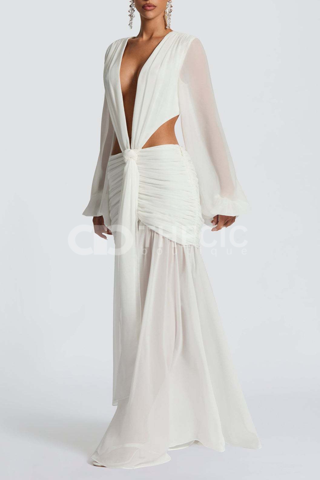 Sheer Sleeve Deep V-Neck Cutout Ruched Maxi Dress