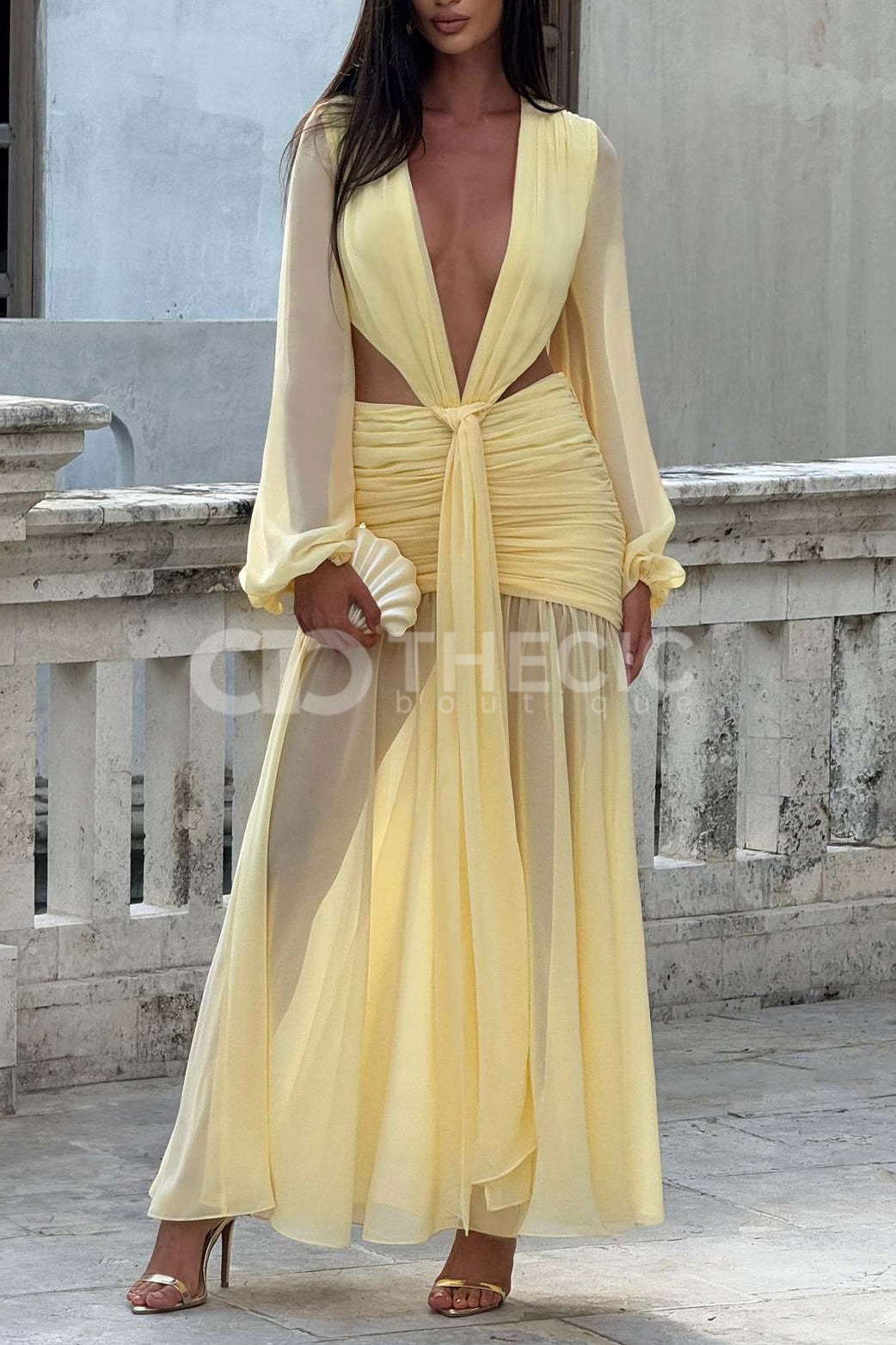 Sheer Sleeve Deep V-Neck Cutout Ruched Maxi Dress