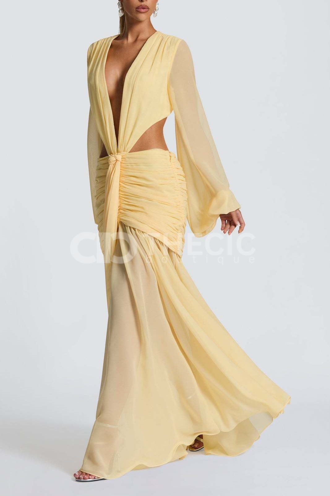 Sheer Sleeve Deep V-Neck Cutout Ruched Maxi Dress