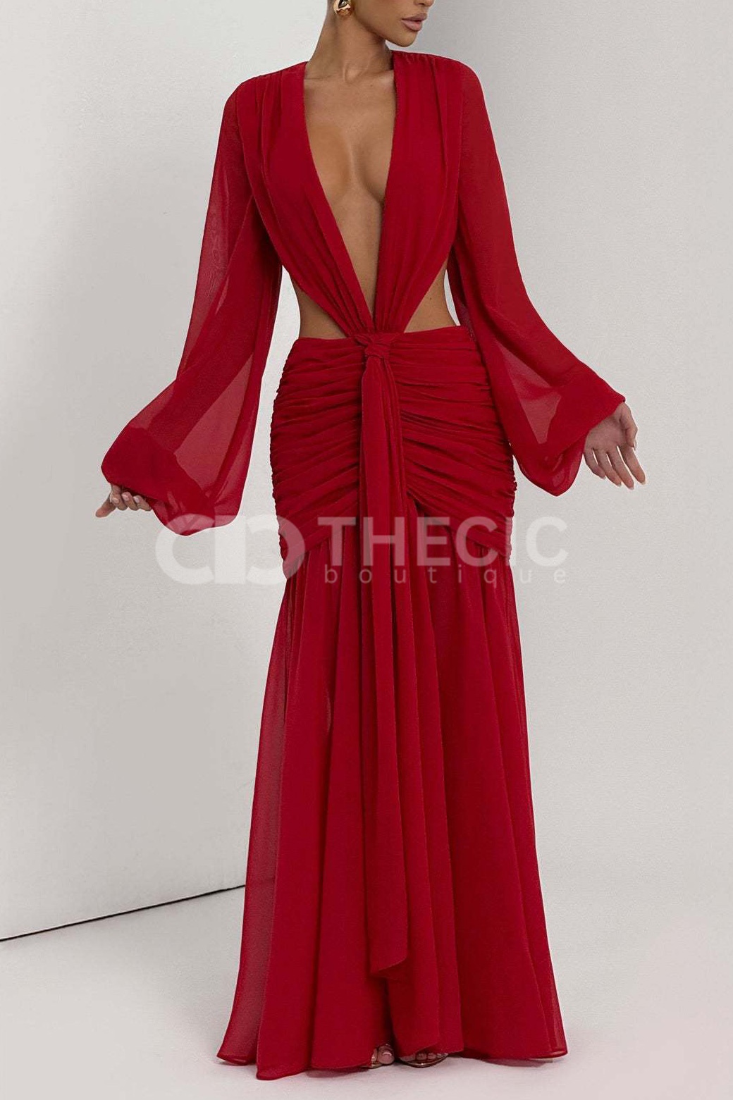 Sheer Sleeve Deep V-Neck Cutout Ruched Maxi Dress
