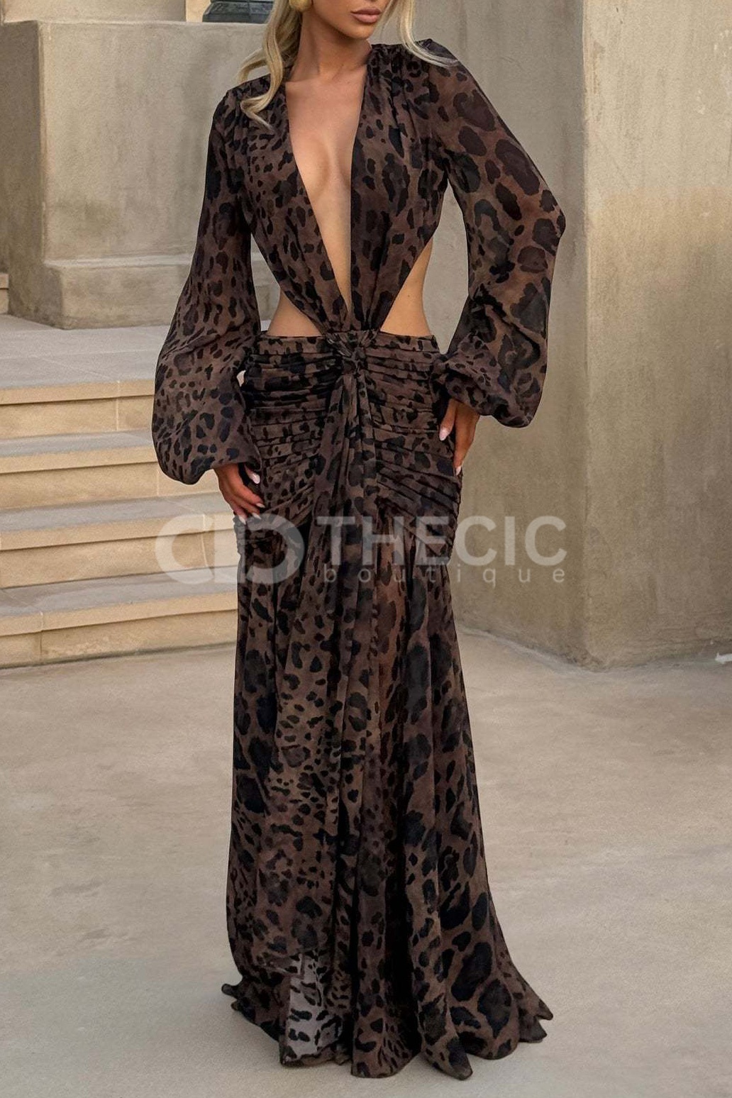 Sheer Sleeve Deep V-Neck Cutout Ruched Maxi Dress