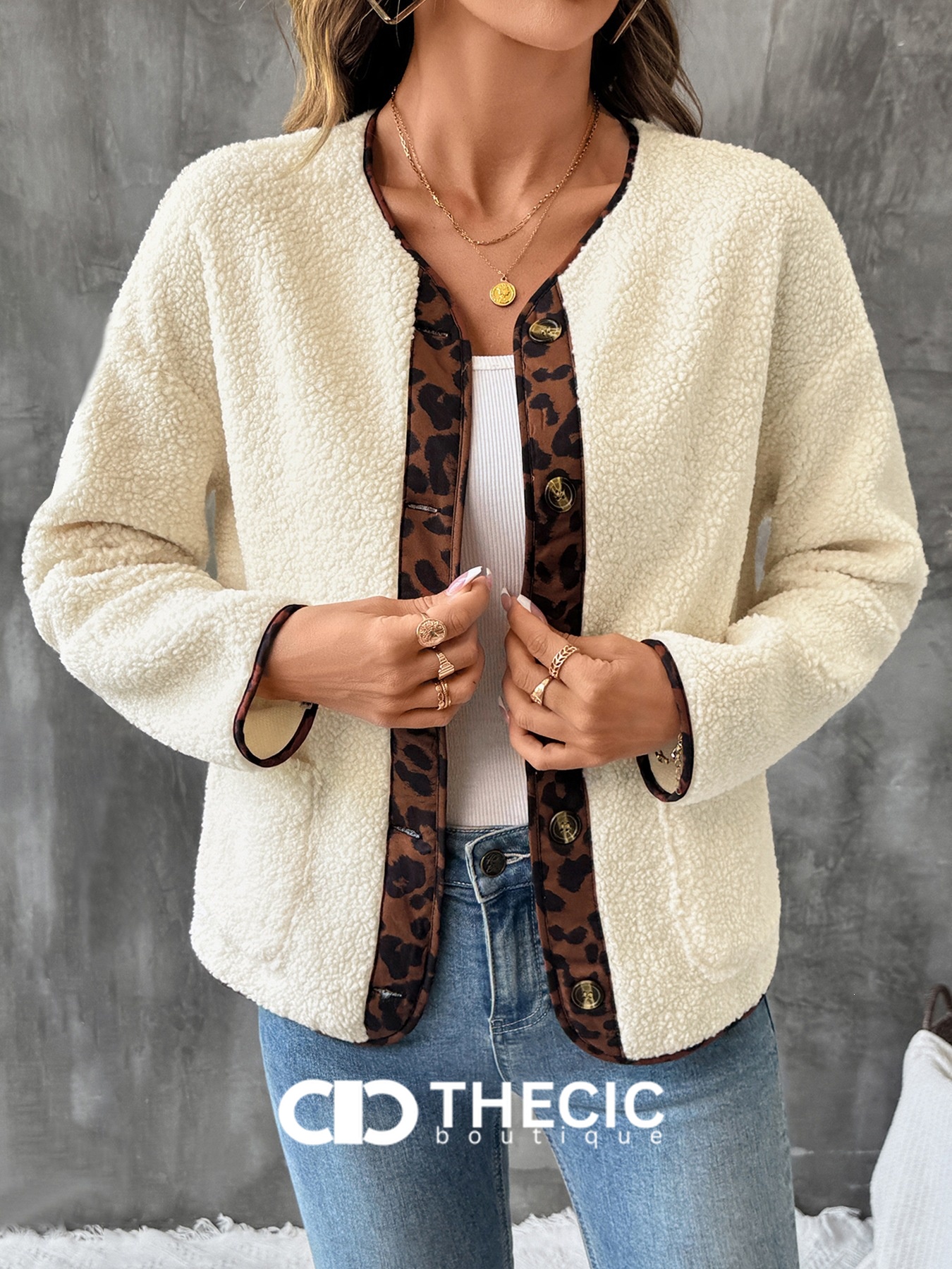 Sherpa Fleece Leopard Trim Button-Front Jacket