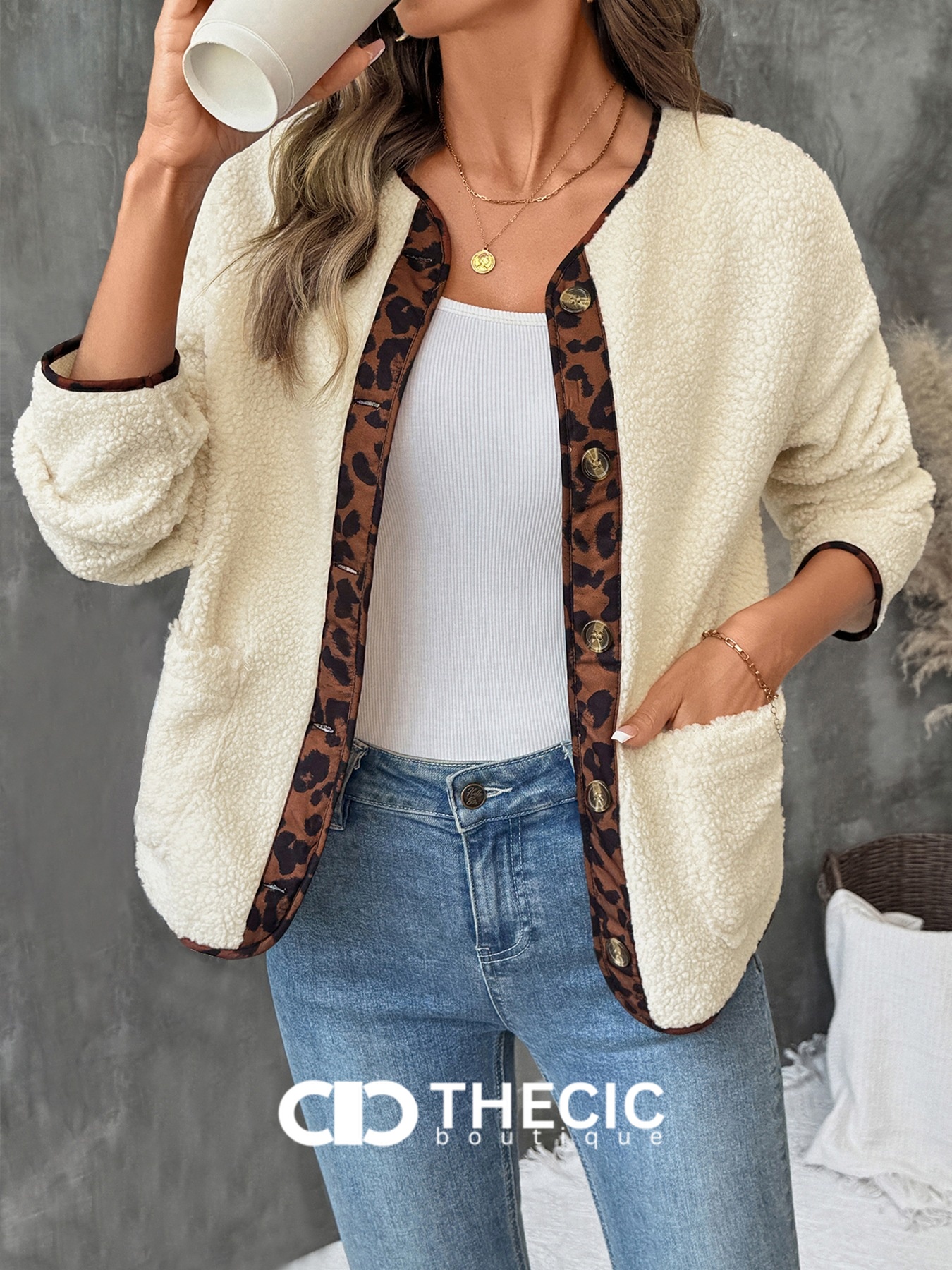Sherpa Fleece Leopard Trim Button-Front Jacket