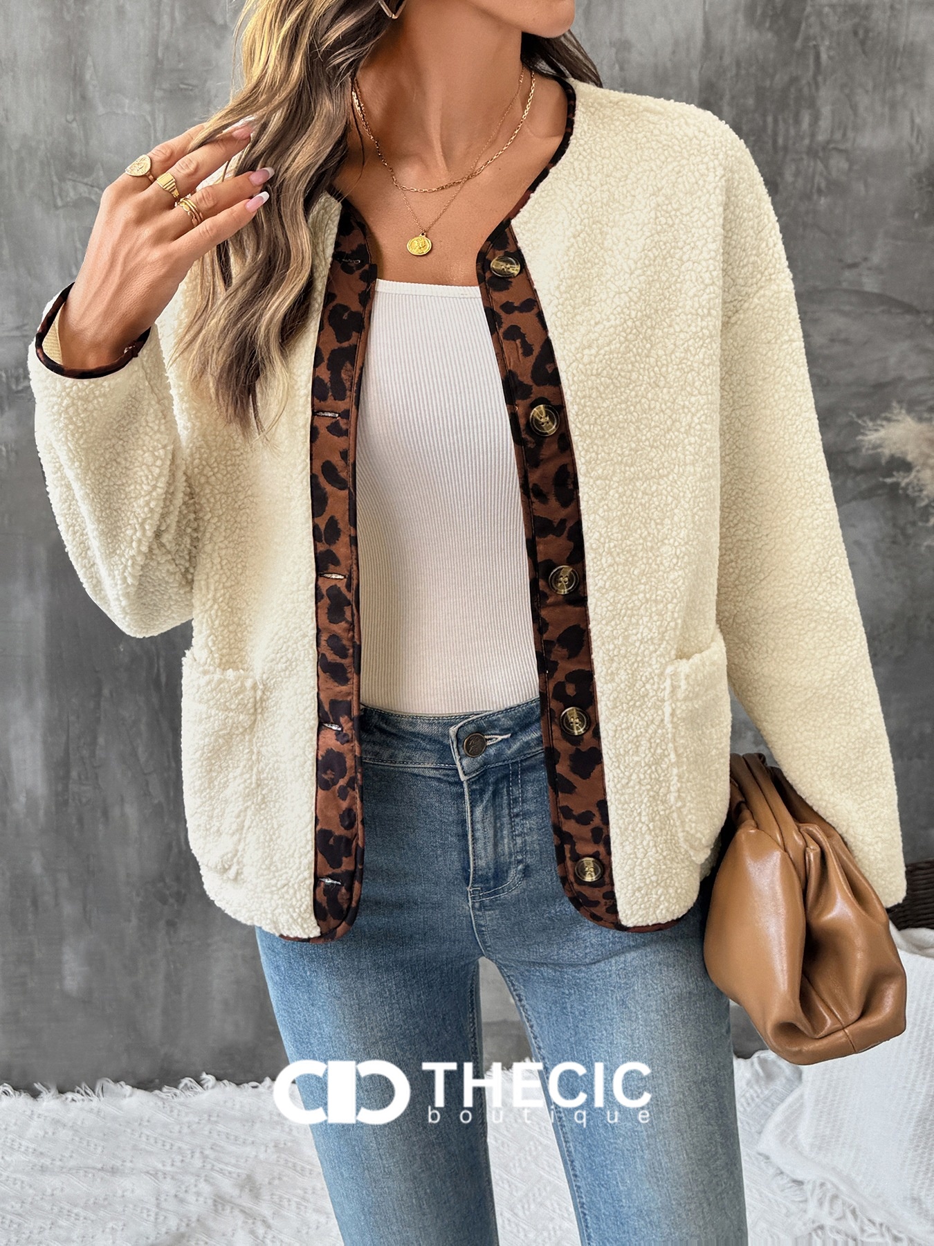 Sherpa Fleece Leopard Trim Button-Front Jacket