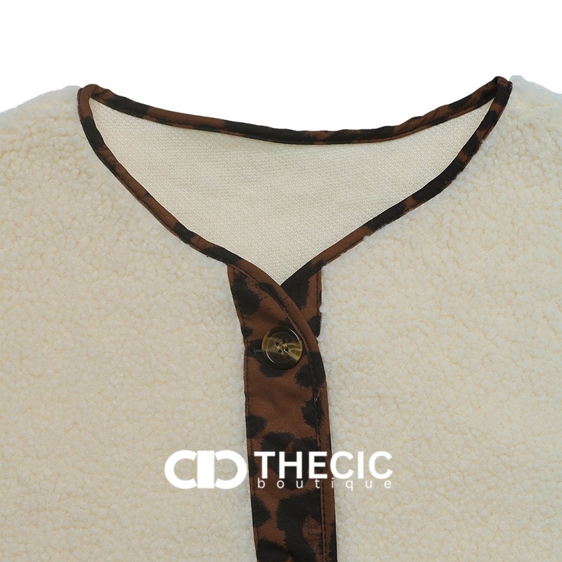 Sherpa Fleece Leopard Trim Button-Front Jacket