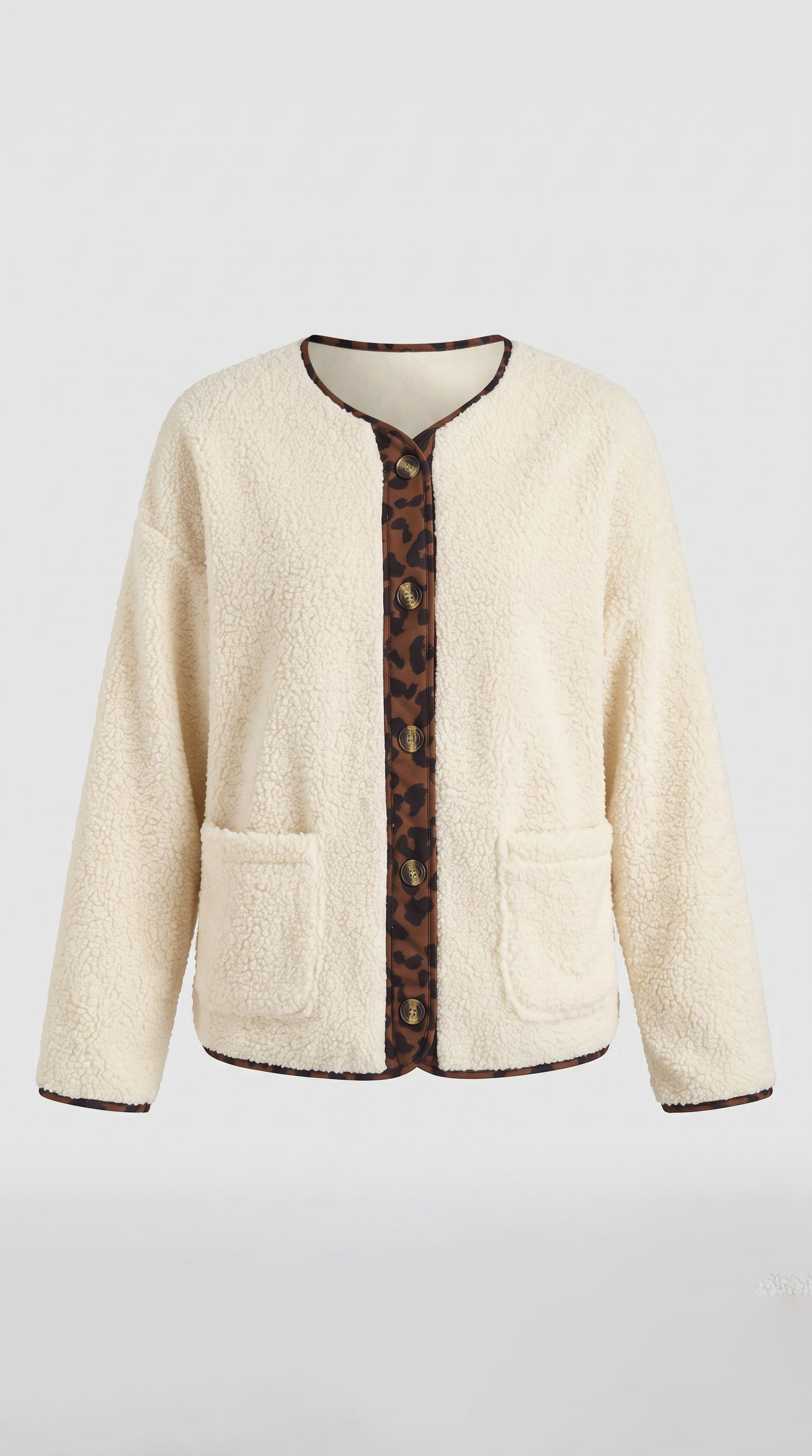 Sherpa Fleece Leopard Trim Button-Front Jacket