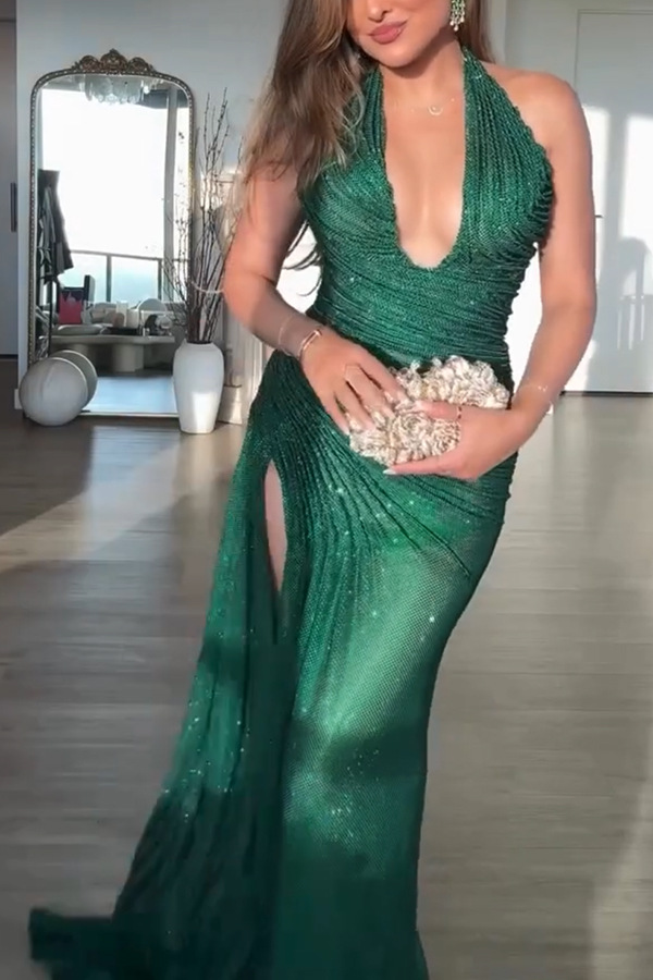 Shimmer Halter Deep V Ruched Slit Gown