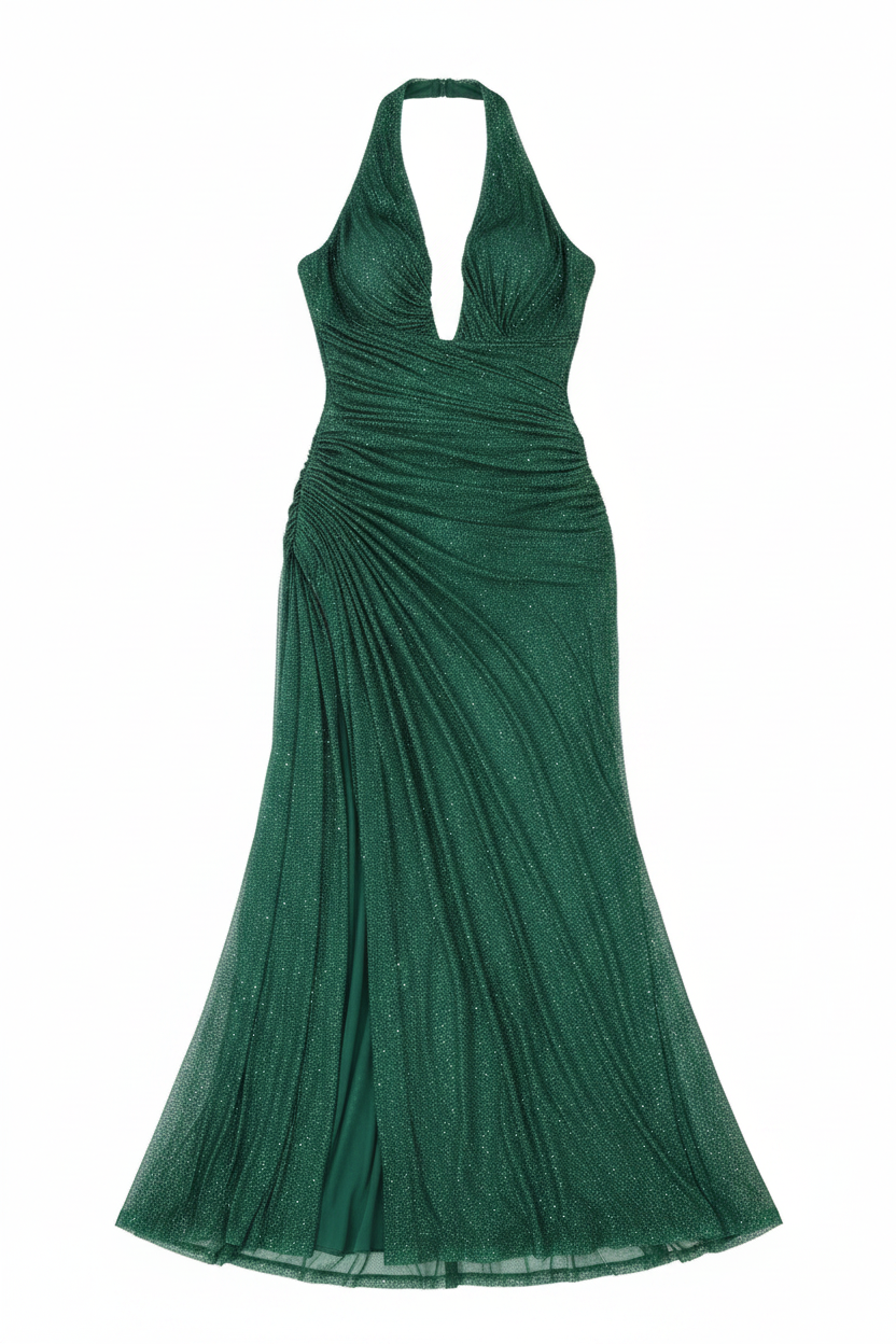 Shimmer Halter Deep V Ruched Slit Gown