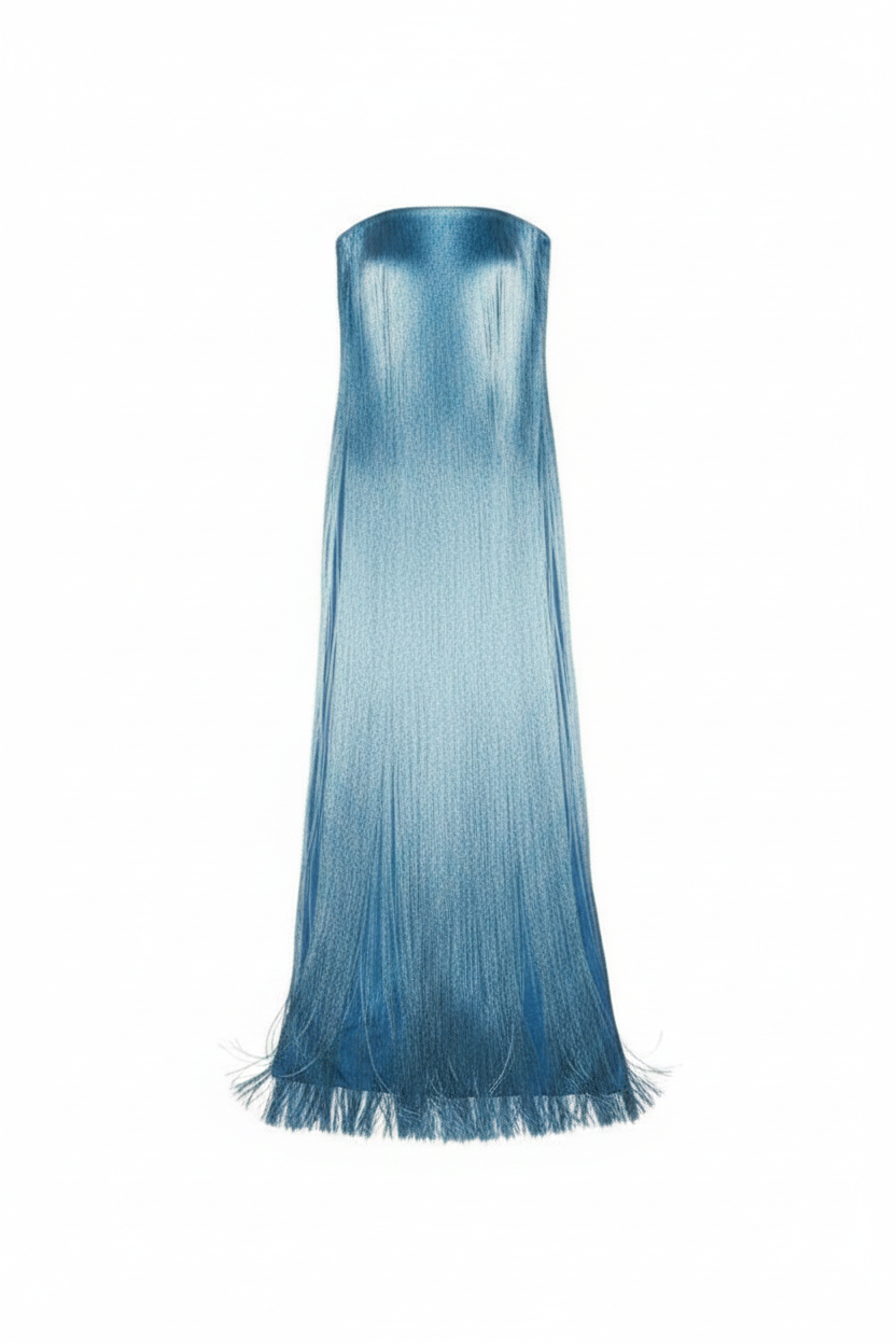 Shimmering Cascading Fringe Strapless Column Gown