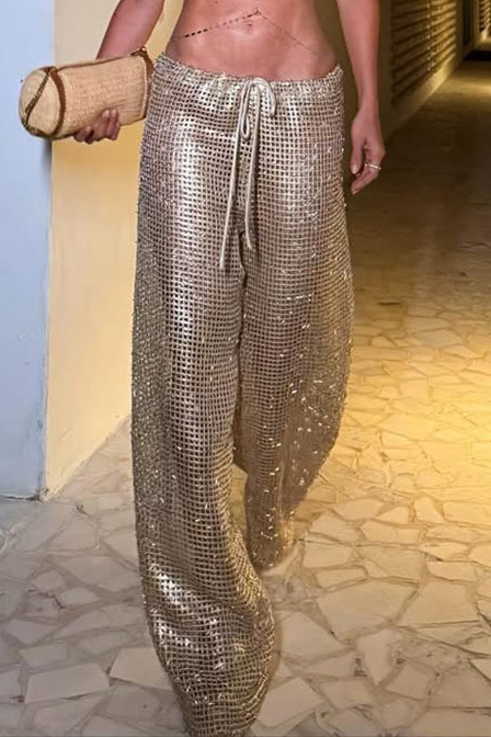 Shimmering Metallic Mesh Drawstring Wide-Leg Pants