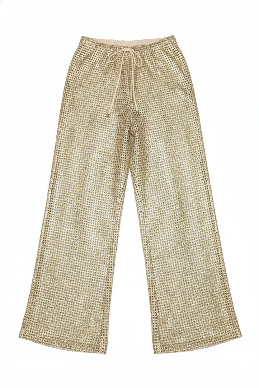 Shimmering Metallic Mesh Drawstring Wide-Leg Pants