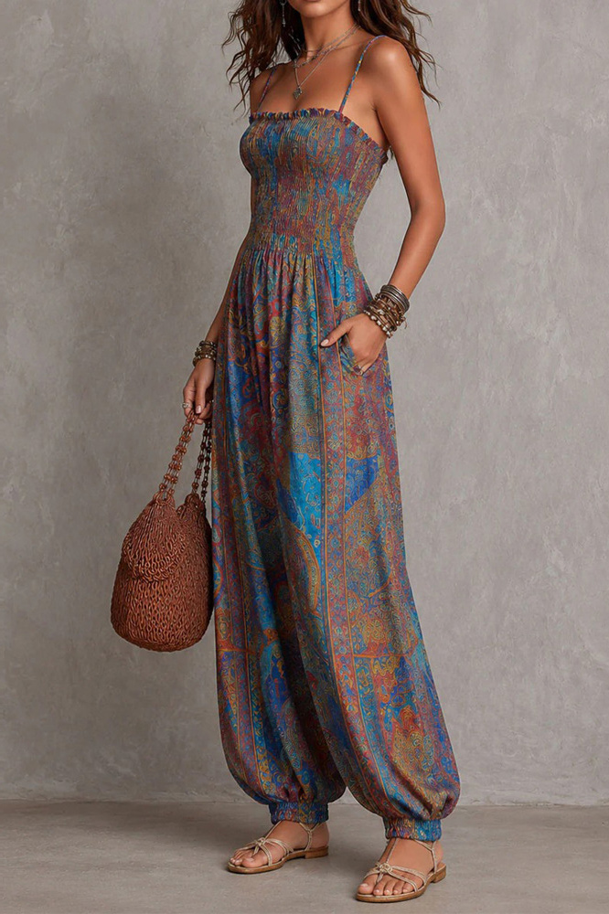 Shirred Bodice Paisley Print Harem Jumpsuit