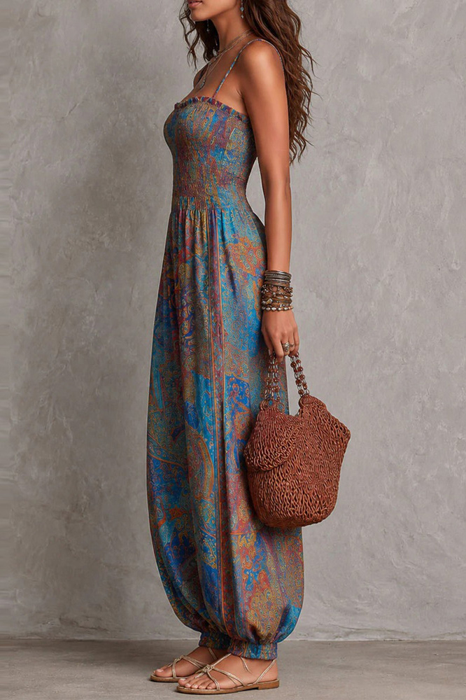 Shirred Bodice Paisley Print Harem Jumpsuit
