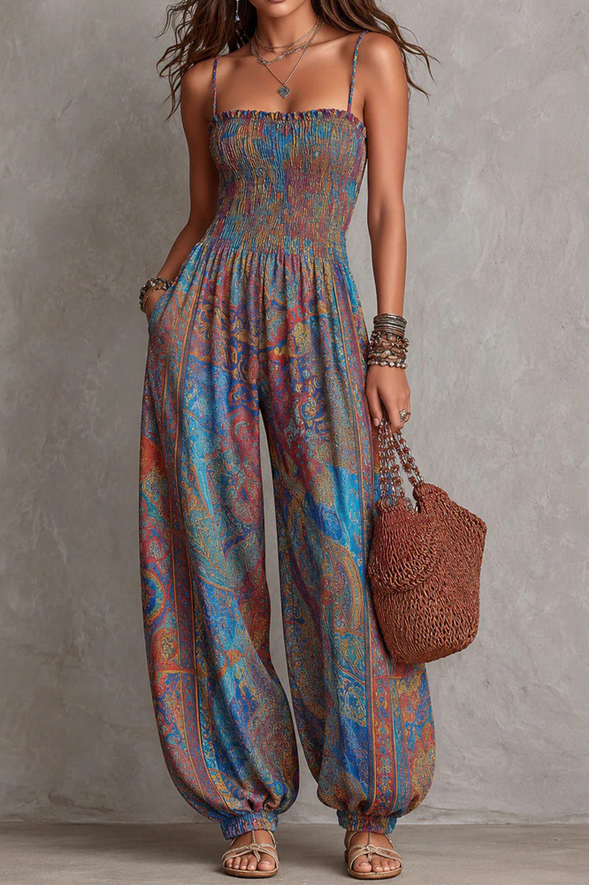 Shirred Bodice Paisley Print Harem Jumpsuit