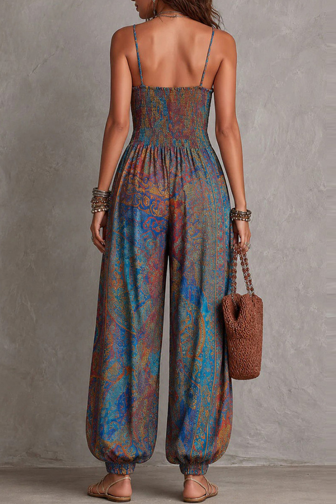 Shirred Bodice Paisley Print Harem Jumpsuit