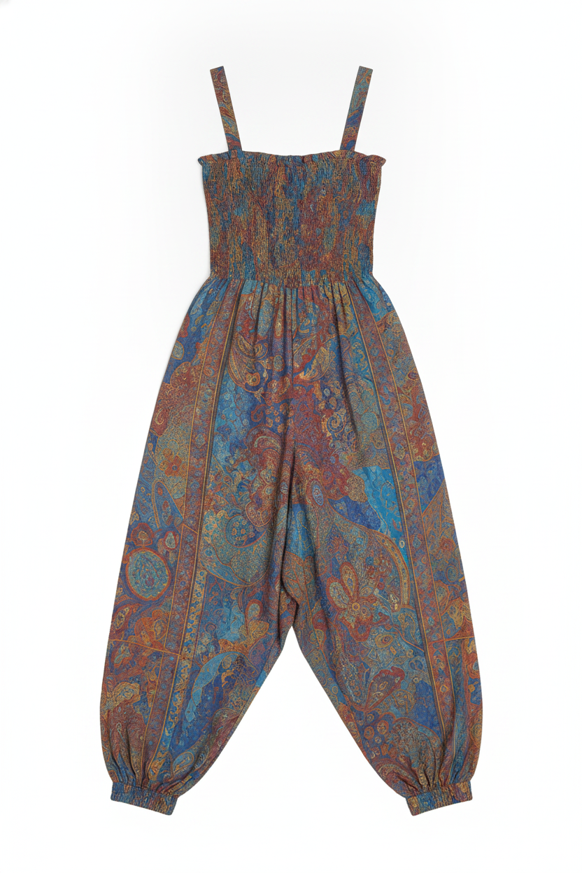 Shirred Bodice Paisley Print Harem Jumpsuit