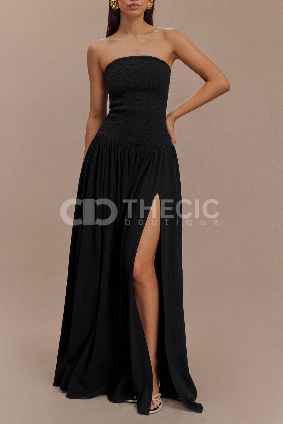 Shirred Bodice Strapless Slit Maxi Dress