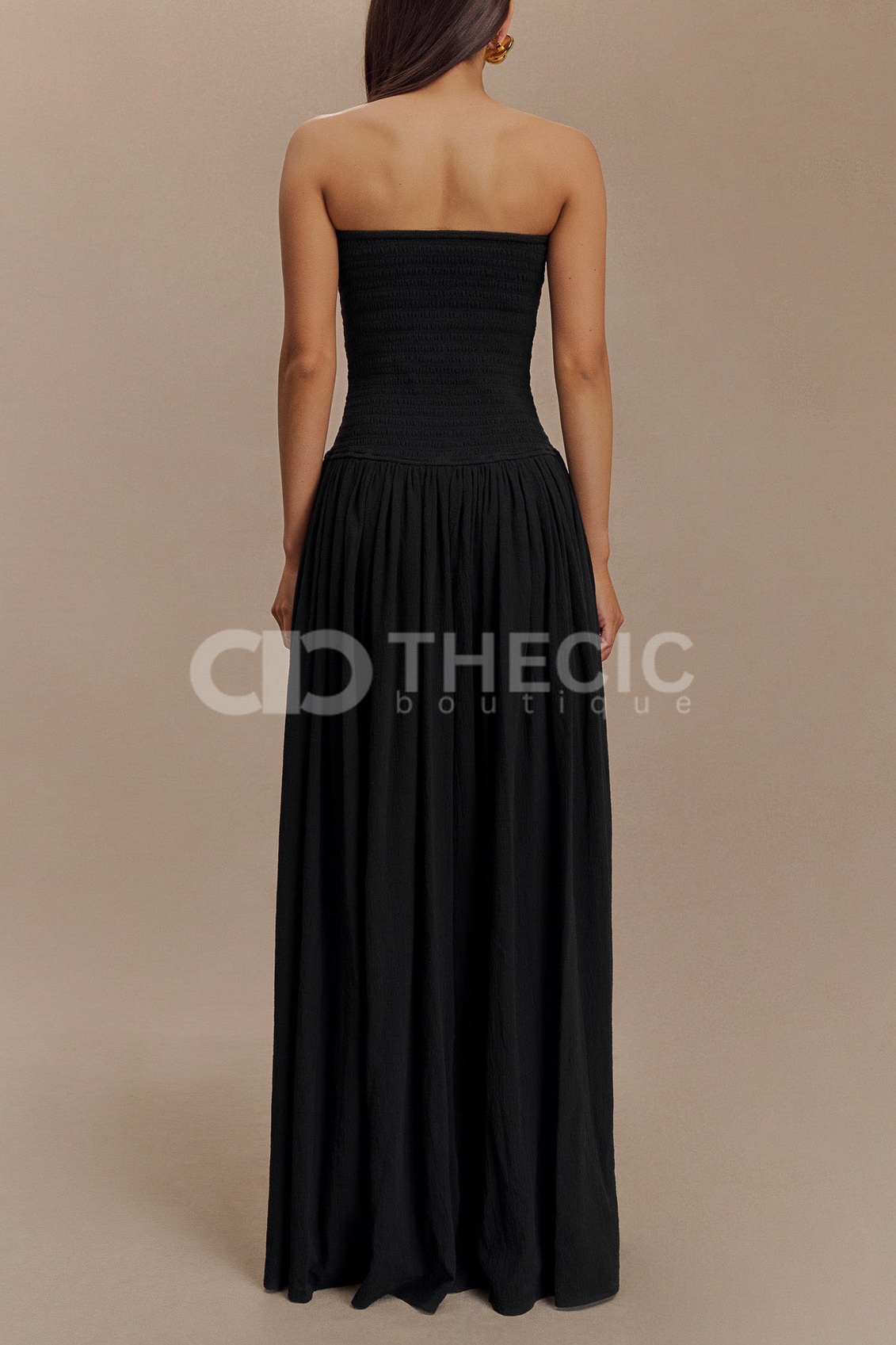 Shirred Bodice Strapless Slit Maxi Dress