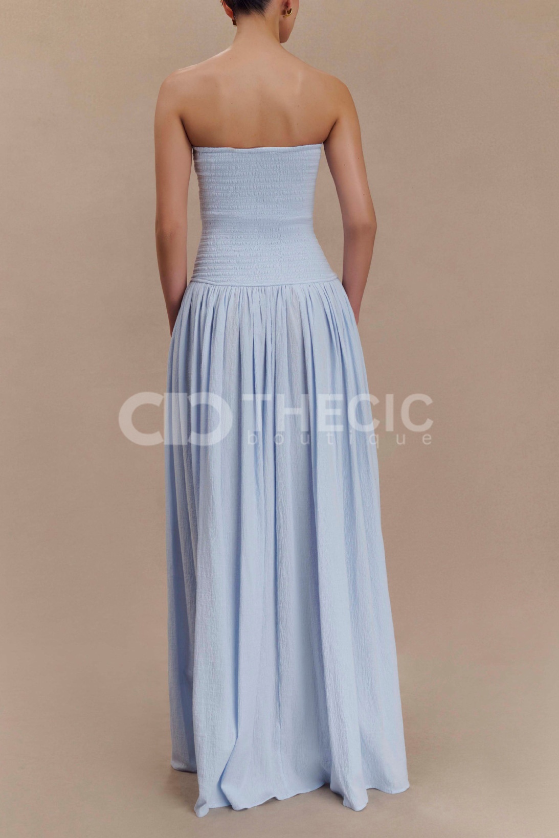 Shirred Bodice Strapless Slit Maxi Dress