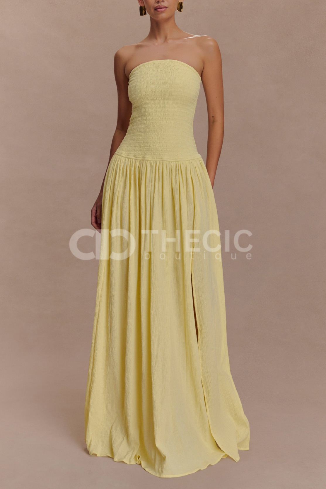 Shirred Bodice Strapless Slit Maxi Dress